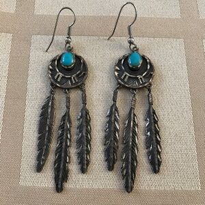 Vintage Sterling Turquoise Feather Earrings